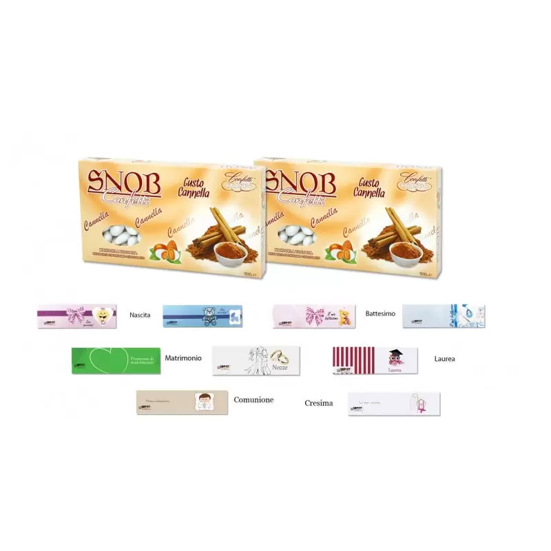 CONFETTI SNOB GUSTO CANNELLA 1KG CRISPO + 100 BIGLIETTINI BOMBONIERE A SCELTA