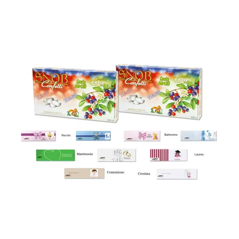 CONFETTI CRISPO SNOB MIRTILLI 1KG + 100 BIGLIETTINI BOMBONIERE A SCELTA