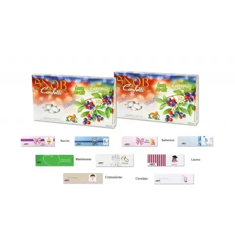 CONFETTI CRISPO SNOB MIRTILLI 1KG + 100 BIGLIETTINI BOMBONIERE A SCELTA