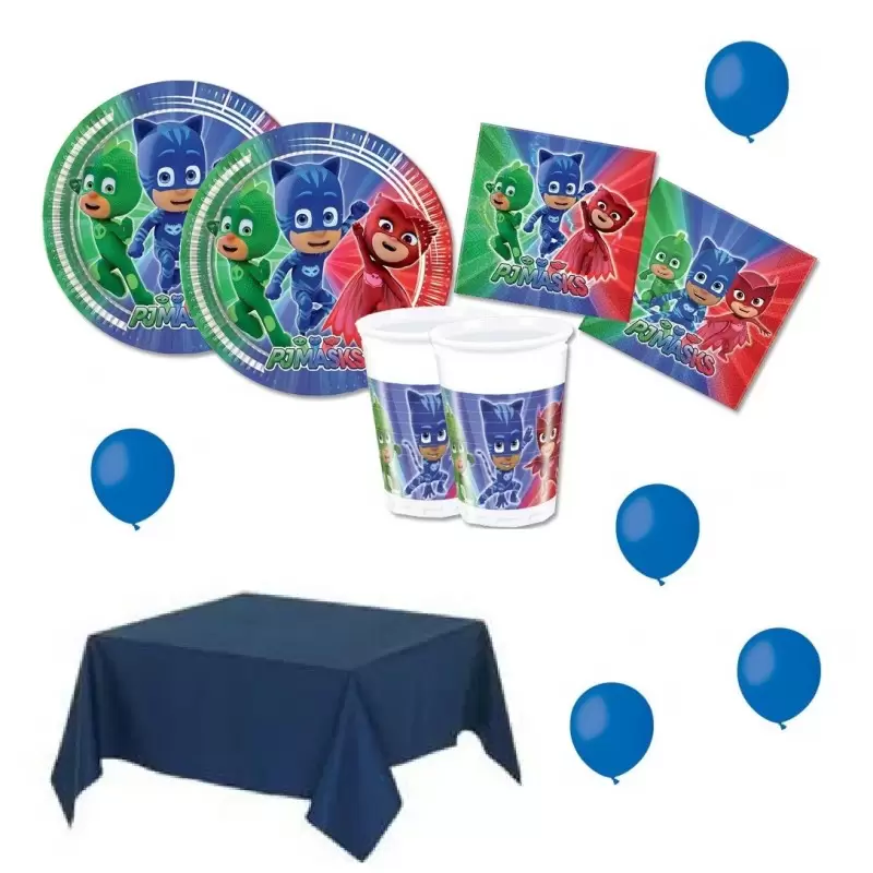 KIT 21 COMPLEANNO SUPER PIGIAMINI PJ MASKS + TOVAGLIA E PALLONCINI BLU