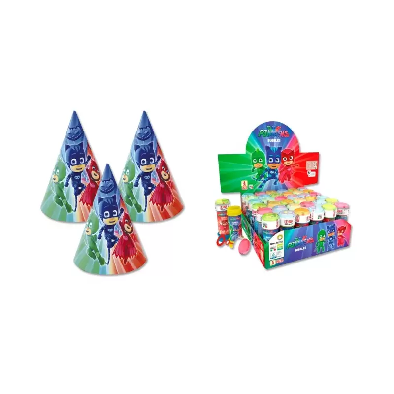 SET 6 CAPPELLINI PIU 6 BOLLE DI SAPONE SUPER PIGIAMINI - PJ MASKS