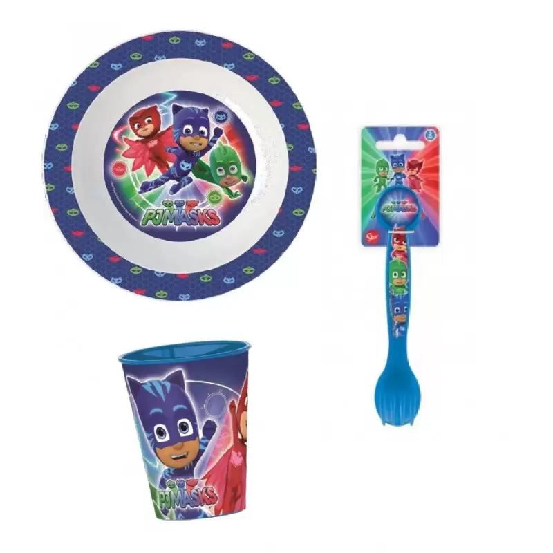 SET 3 PEZZI PAPPA SUPER PIGIAMINI PJ MASKS PIATTO + POSATE+ + BICCHIERE