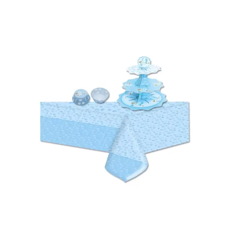 SET CUPCAKE CICOGNA CELESTE NASCITA ALZATINA + TOVAGLIA + 48 PIROTTINI