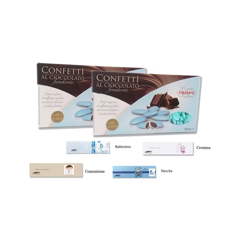 CRISPO CONFETTI AL CIOCCOLATO FONDENTE CELESTI 2 KG + 100 BIGLIETTINI BOMBONIERE