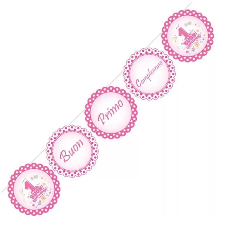 FTO23 FESTONE TONDO  BUON PRIMO COMPLEANNO POIS ROSA
