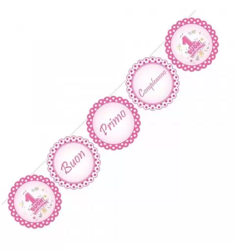 FTO23 FESTONE TONDO  BUON PRIMO COMPLEANNO POIS ROSA