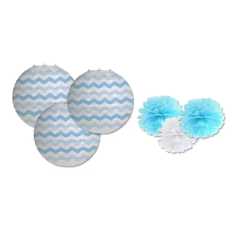 LANTERNE IN CARTA ZIG ZAG CELESTI 3 PZ 031180 + 3 DECORAZIONI FLUFFY