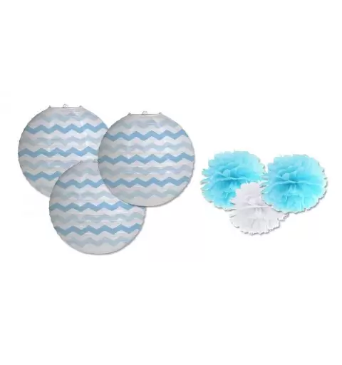 LANTERNE IN CARTA ZIG ZAG CELESTI 3 PZ 031180 + 3 DECORAZIONI FLUFFY
