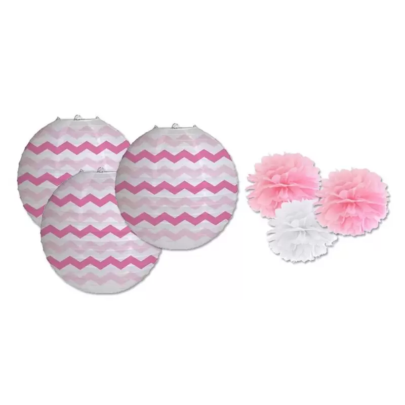 LANTERNE IN CARTA ZIG ZAG ROSA 3 PZ 031244 + 3 DECORAZIONI FLUFFY