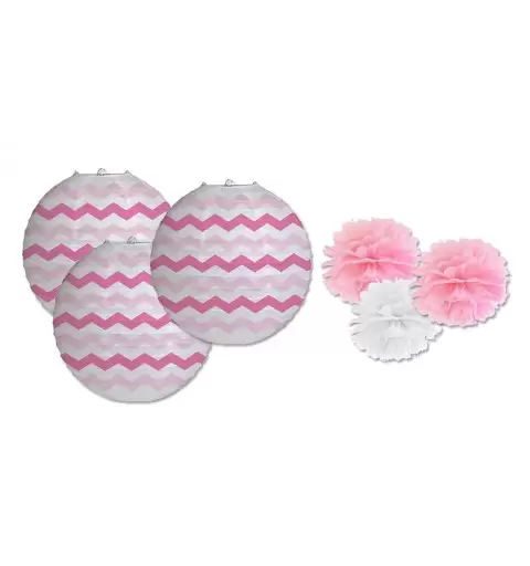 LANTERNE IN CARTA ZIG ZAG ROSA 3 PZ 031244 + 3 DECORAZIONI FLUFFY