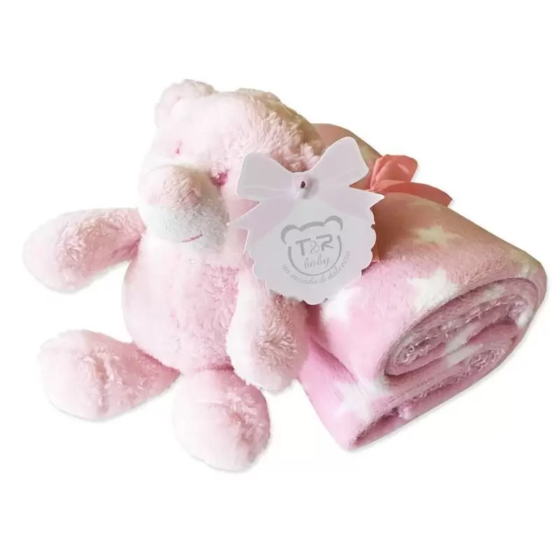 COPERTINA STELLE PILE CULLETTA + ORSETTO PELUCHE ROSA CONFEZIONE REGALO 12142