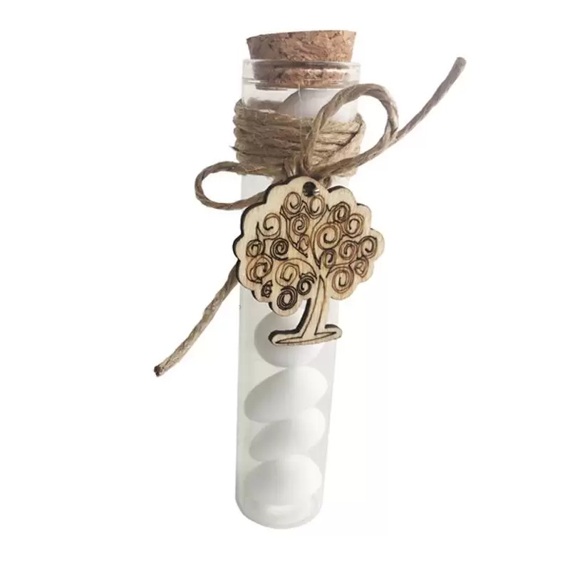 Provette vetro 12 pz 11,5 cm + decorazione legno albero vita + cordoncino juta