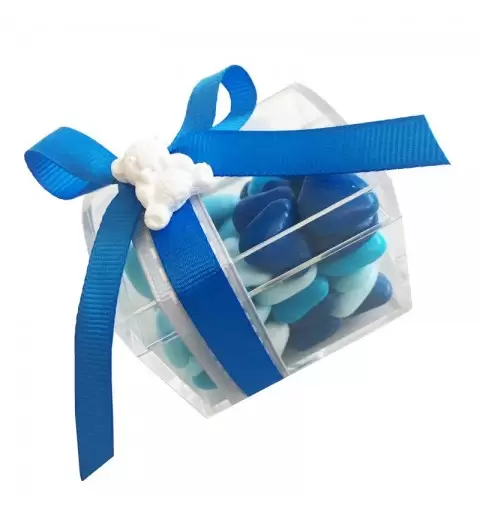 12 x SCATOLA PORTACONFETTI IN PLEXIGLASS  A BAULETTO +12 x  DECORAZIONE ORSETTO GESSO