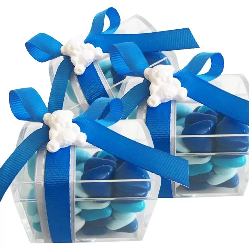 12 x SCATOLA PORTACONFETTI IN PLEXIGLASS  A BAULETTO +12 x  DECORAZIONE ORSETTO GESSO