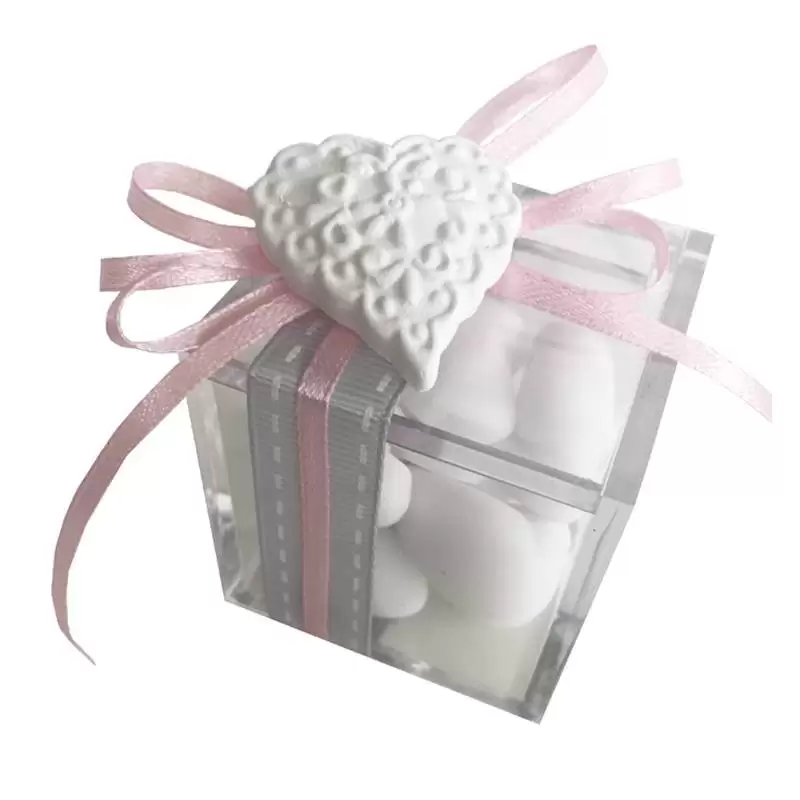SCATOLE CUBO 5X5X5 PLEX PORTACONF 10PZ+ GESSETTO CUORE 10PZ+NASTRO ROSA 3MM 1 ROTOLO