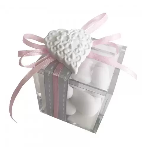 SCATOLE CUBO 5X5X5 PLEX PORTACONF 10PZ+ GESSETTO CUORE 10PZ+NASTRO ROSA 3MM 1 ROTOLO