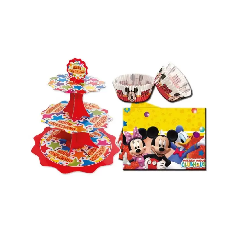 SET CUPCAKE TOPOLINO MICKEY MOUSE ALZATINA + TOVAGLIA + 50 PIROTTINI