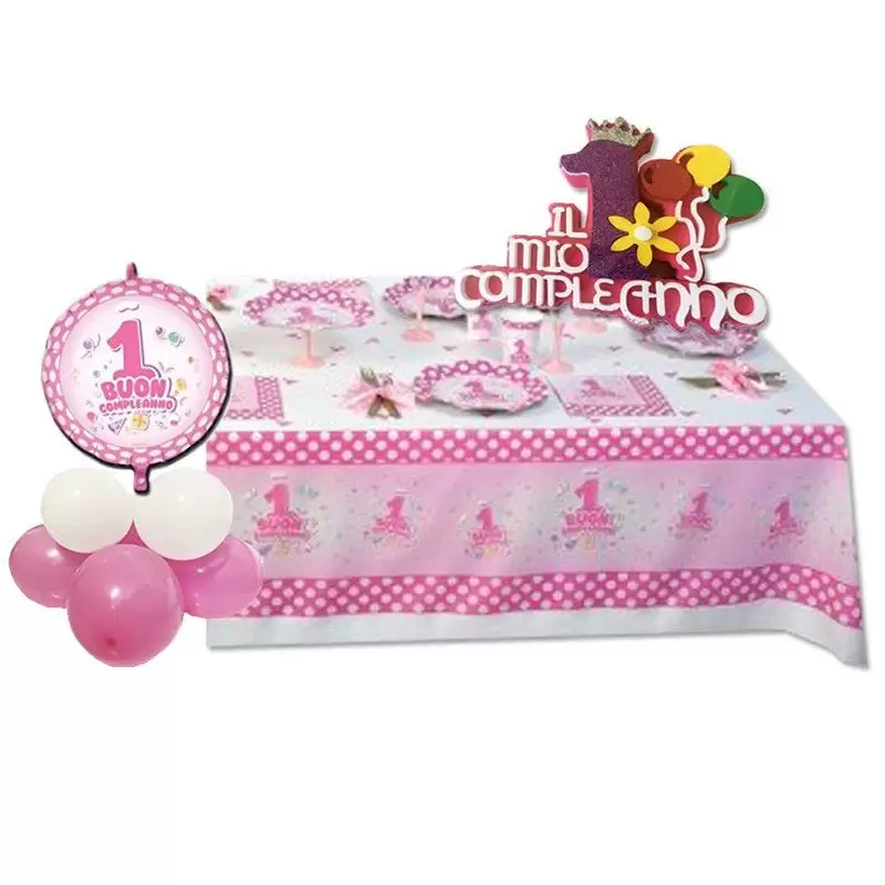 KIT PRIMO COMPLEANNO POIS  ROSA CON CENTROTAVOLA