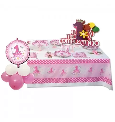 KIT PRIMO COMPLEANNO POIS  ROSA CON CENTROTAVOLA