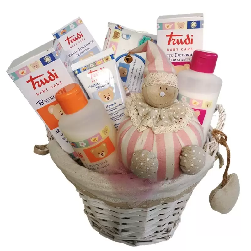 CESTO REGALO NASCITA BAMBINA CUORE ROSA - KIT