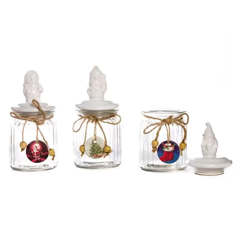 BARATTOLO IN VETRO TAPPO IN CERAMICA CON MOTIVI NATALIZI (3 PZ) COD.022820