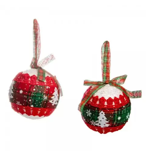PALLINE DI NATALE GLITTER CON FASCIA IN TESSUTO SCOZZESE - 6PZ