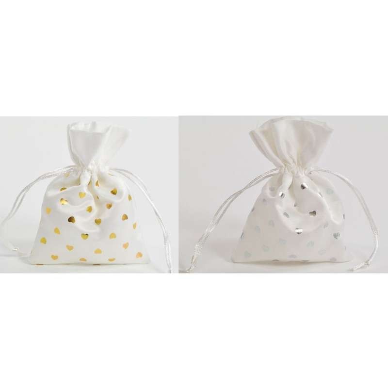 SACCHETTI BIANCHI PORTA CONFETTI - CON CUORICINI ARGENTO O ORO