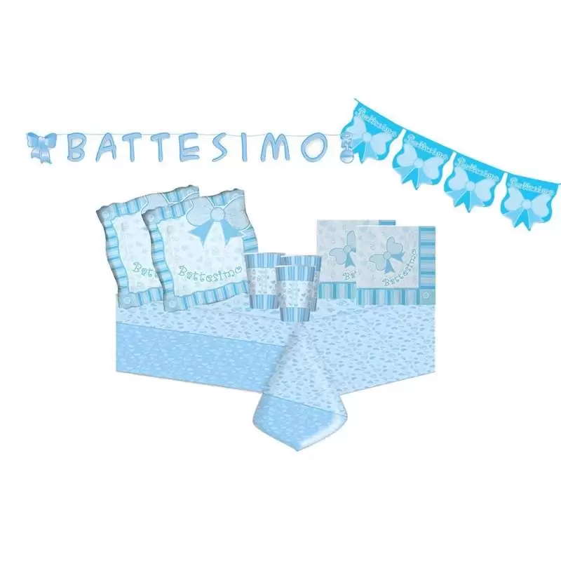 KIT N.17 BATTESIMO FIOCCO QUADRATO - COORDINATO TAVOLA CELESTE