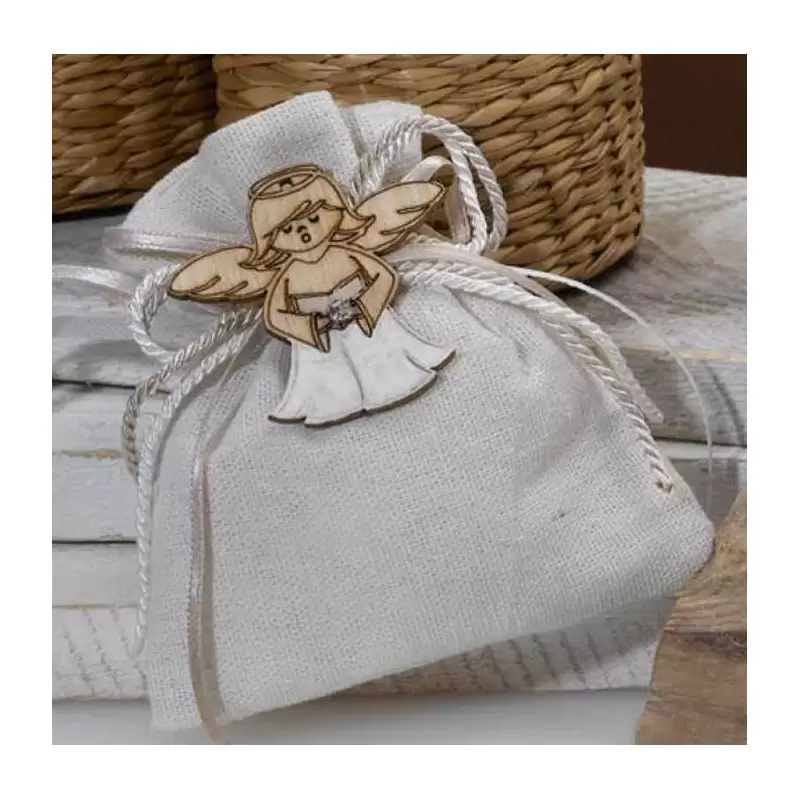 SACCHETTO IN TELA BEIGE CON ANGIOLETTO IN LEGNO - 12 PZ