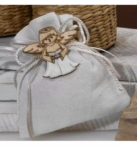 SACCHETTO IN TELA BEIGE CON ANGIOLETTO IN LEGNO - 12 PZ