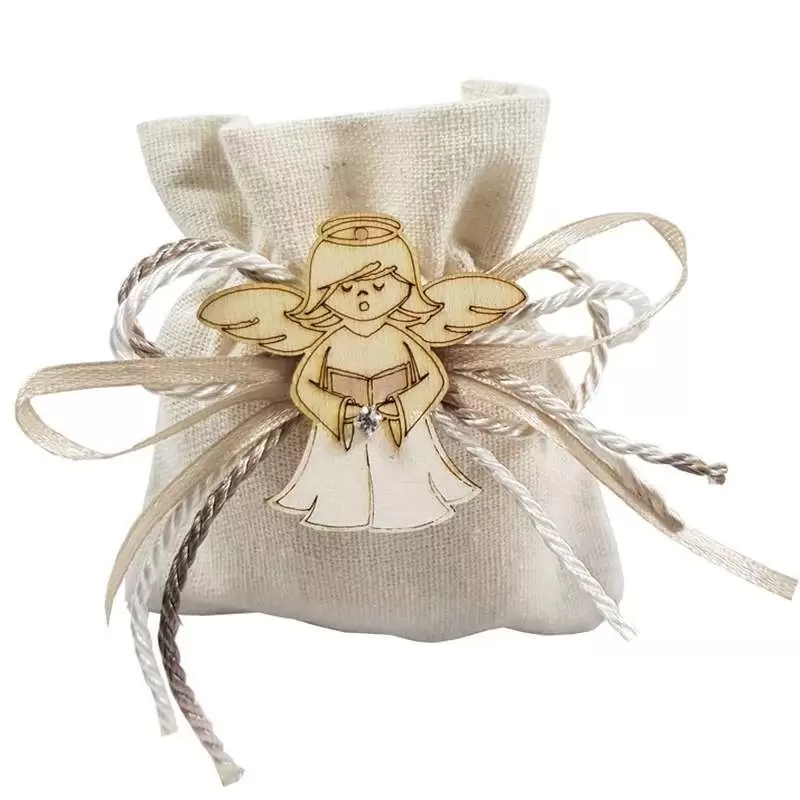 SACCHETTO IN TELA BEIGE CON ANGIOLETTO IN LEGNO - 12 PZ