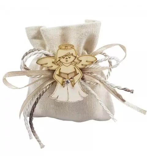SACCHETTO IN TELA BEIGE CON ANGIOLETTO IN LEGNO - 12 PZ