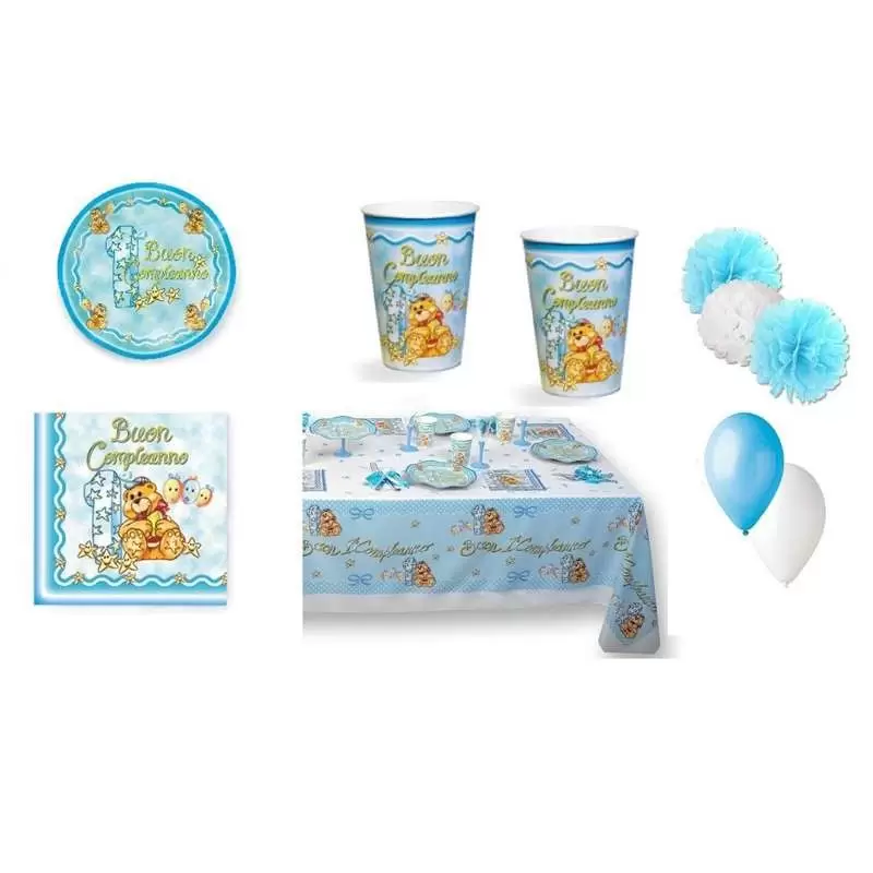 KIT N.49 ORSETTO 1 COMPLEANNO CELESTE - COORDINATO TAVOLA