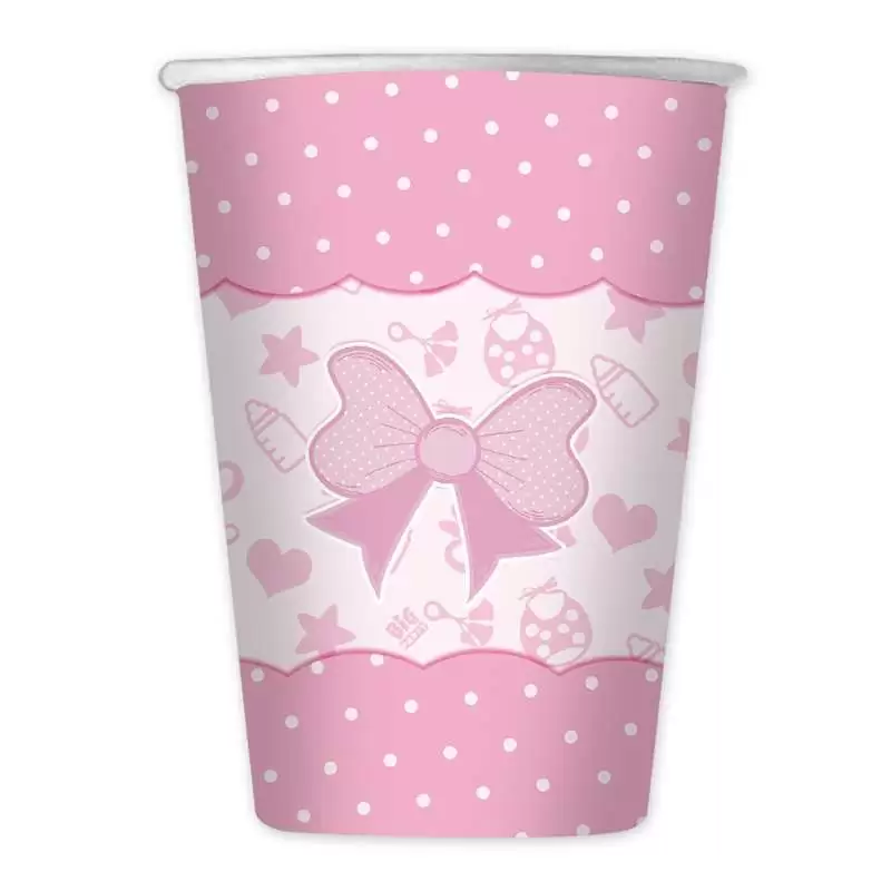 BICCHIERI BATTESIMO FIOCCO ROSA QUADRATO – 8 PZ
