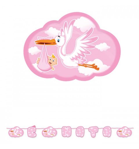Palloncino nascita bimba - Cuore rosa con cicogna - Aurora Fun & Play