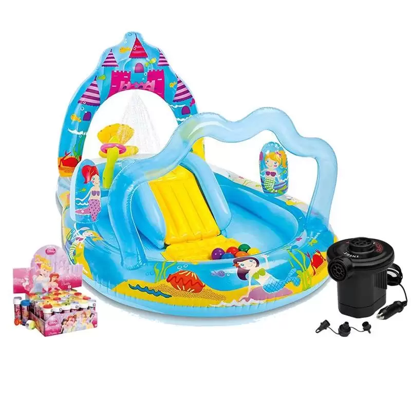 CASTELLO GONFIABILE - PISCINA POMPA ELETTRICA E BOLLE DI SAPONE PRINCIPESSE