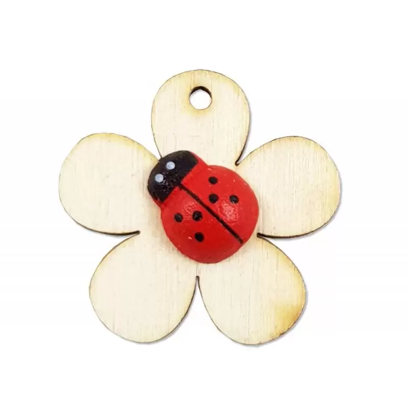 FIORE DI LEGNO CON COCCINELLA - DECORAZIONE PER BOMBONIERE LAUREA