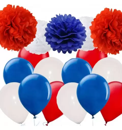 ADDOBBI ROSSO BLU BIANCO - PALLONCINI E FLUFFY POM POM