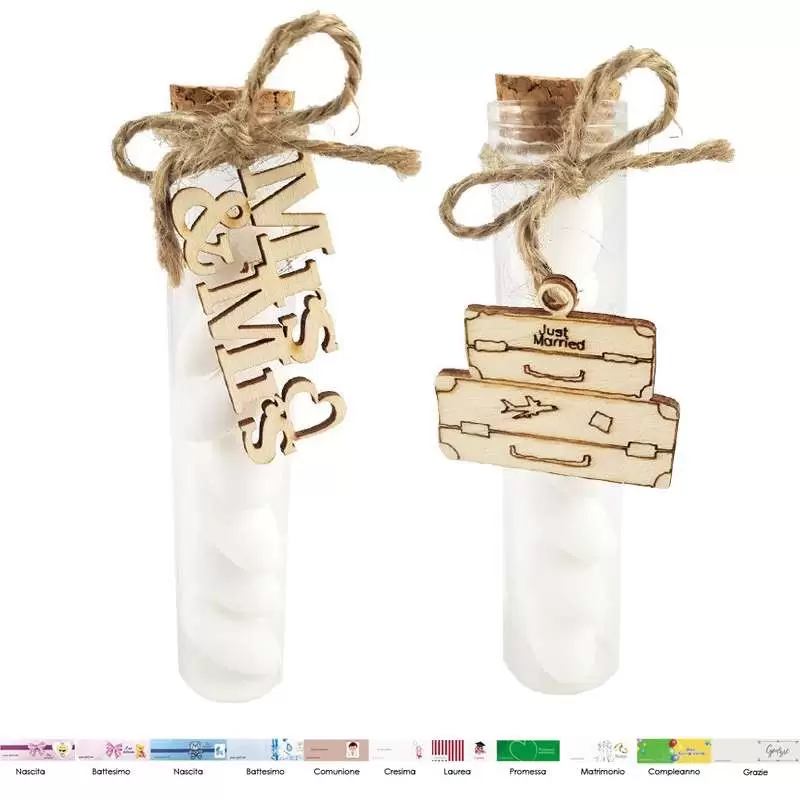BOMBONIERE PER MATRIMONIO O PROMESSA – PROVETTE E DECORAZIONI LEGNO