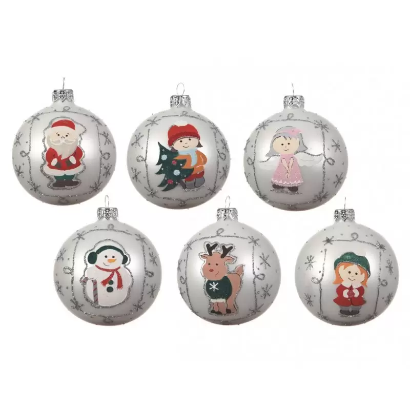 PALLINE IN VETRO SOFFIATO CON DECORAZIONI FATTE A MANO SOGGETTI NATALIZI – 6 PZ