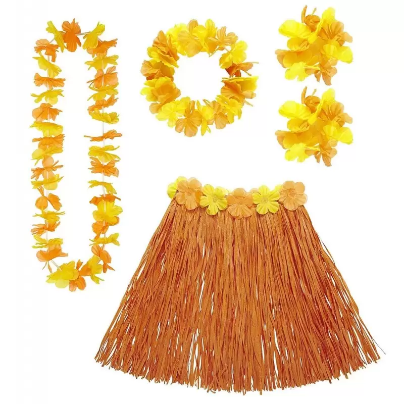 COMPLETO HAWAIANO ARANCIONE – GONNA COLLANA BRACCIALI E FASCIA