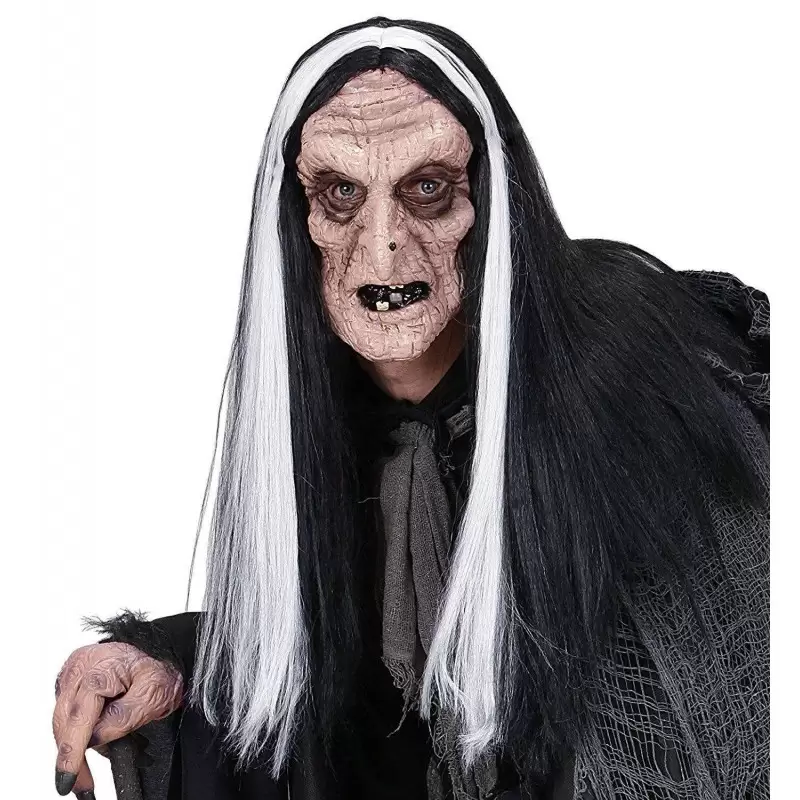 MASCHERA STREGA RUGOSA CON PARRUCCA - CAPELLI BIANCHI E NERI