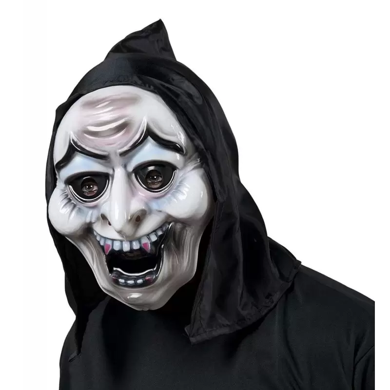 MASCHERA STREGA DI PLASTICA CON CAPPUCCIO NERO – PER ADULTI