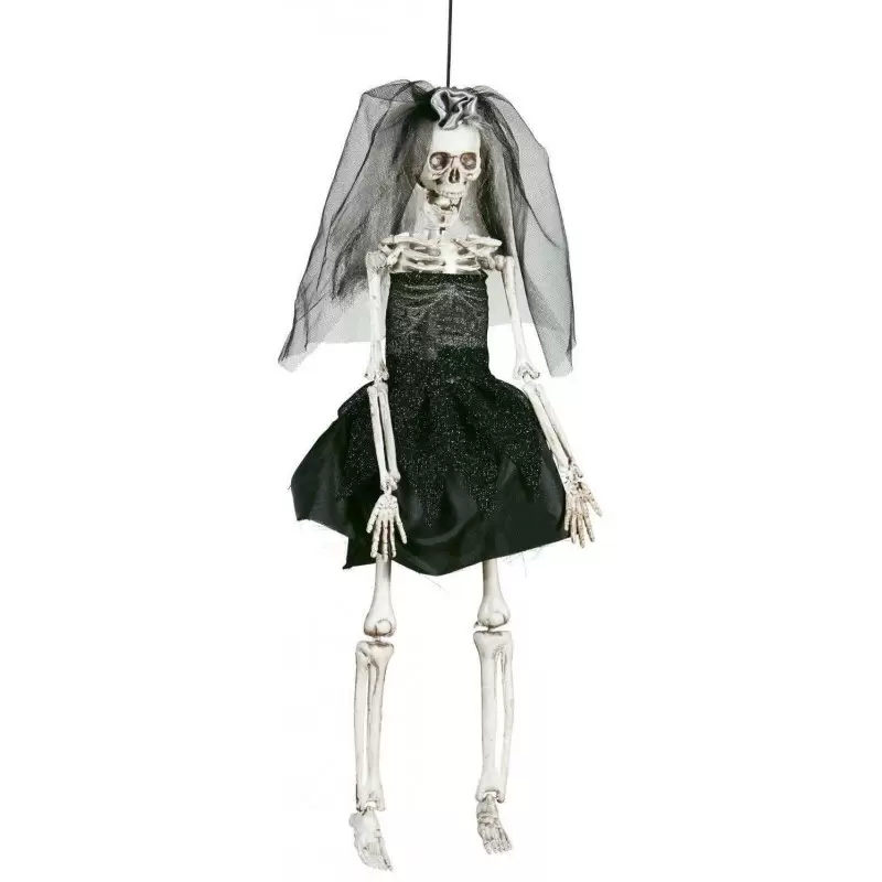 SCHELETRO SPOSA CON VESTITO E VELO NERI – DECORAZIONE HALLOWEEN DA APPENDERE