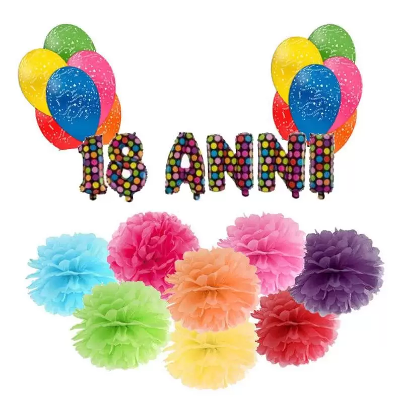 ADDOBBI 18 ANNI – PALLONCINI FLUFFY E SCRITTA MYLAR DICIOTTESIMO