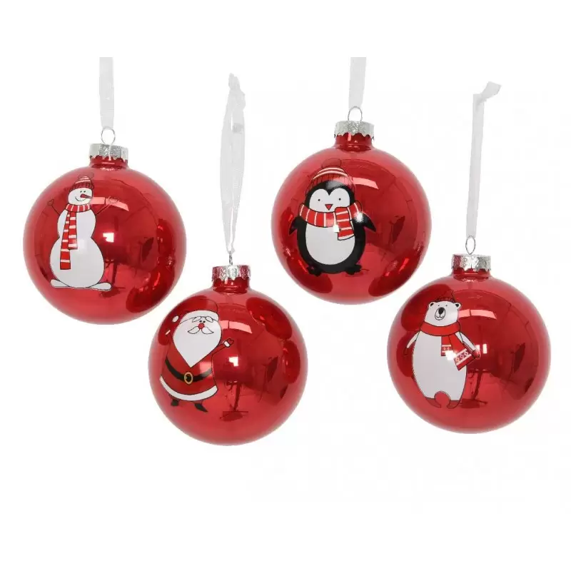 PALLINE ROSSE LUCIDE CON SOGGETTI NATALIZI – 4 PZ