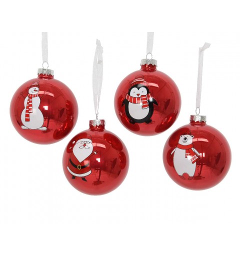 PALLINE ROSSE LUCIDE CON SOGGETTI NATALIZI – 4 PZ