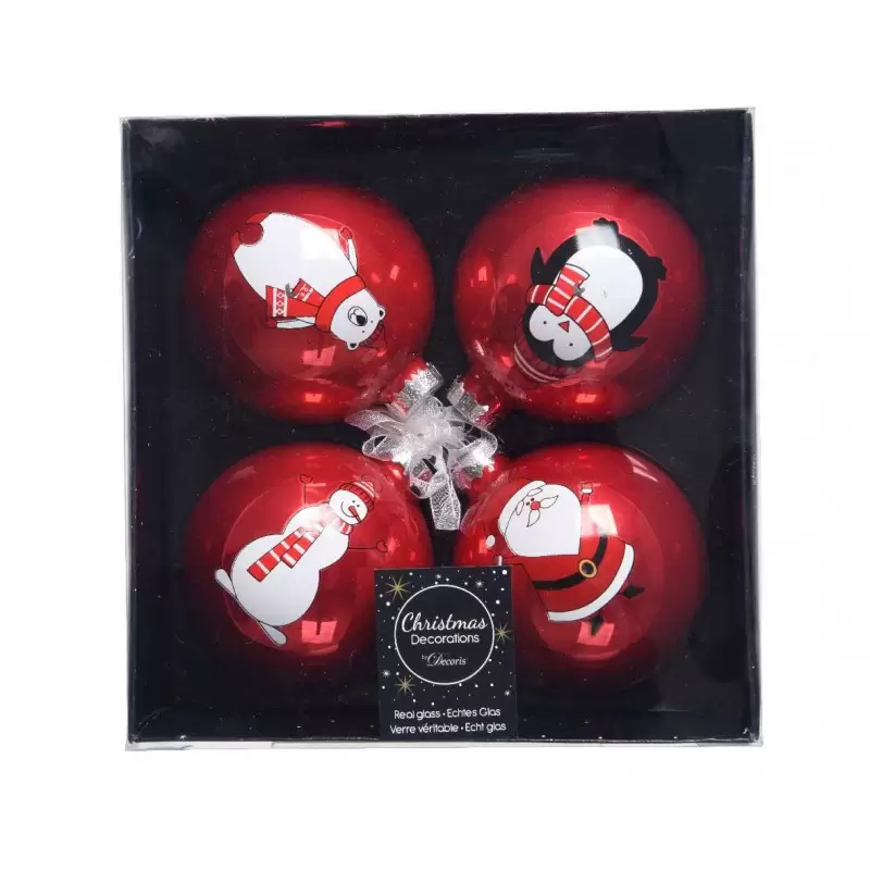 PALLINE ROSSE LUCIDE CON SOGGETTI NATALIZI – 4 PZ