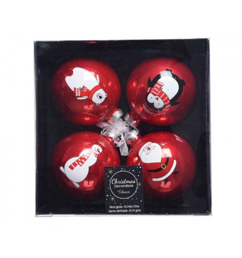 PALLINE ROSSE LUCIDE CON SOGGETTI NATALIZI – 4 PZ