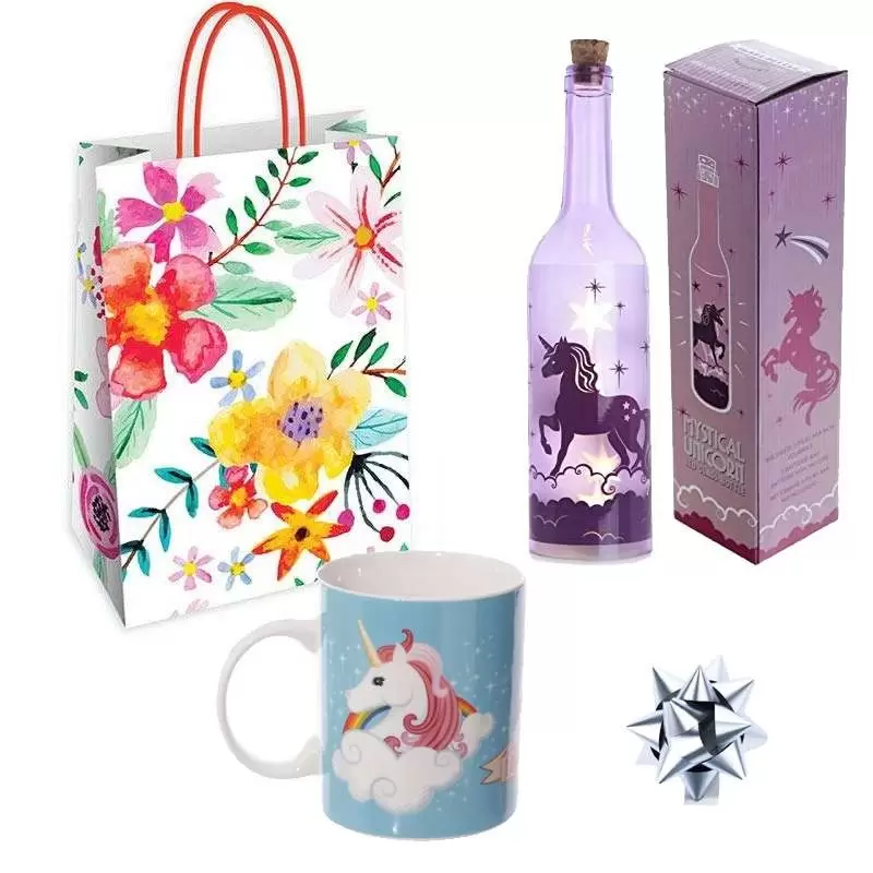 IDEA REGALO UNICORNO – BOTTIGLIA LED TAZZA E SHOPPER